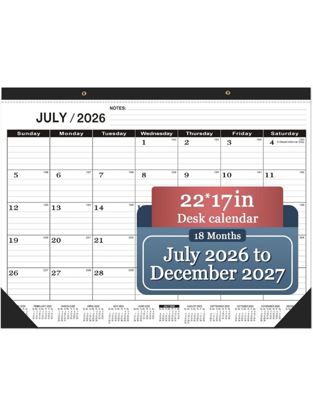 Large 2026-2027 Desk Calendar 22x17 - Classic Black, Plastic Cover, July Start